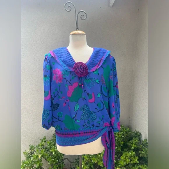 Susan Freis | Tops | Vintage 8s Blouse Top Tie Side Floral Blue 